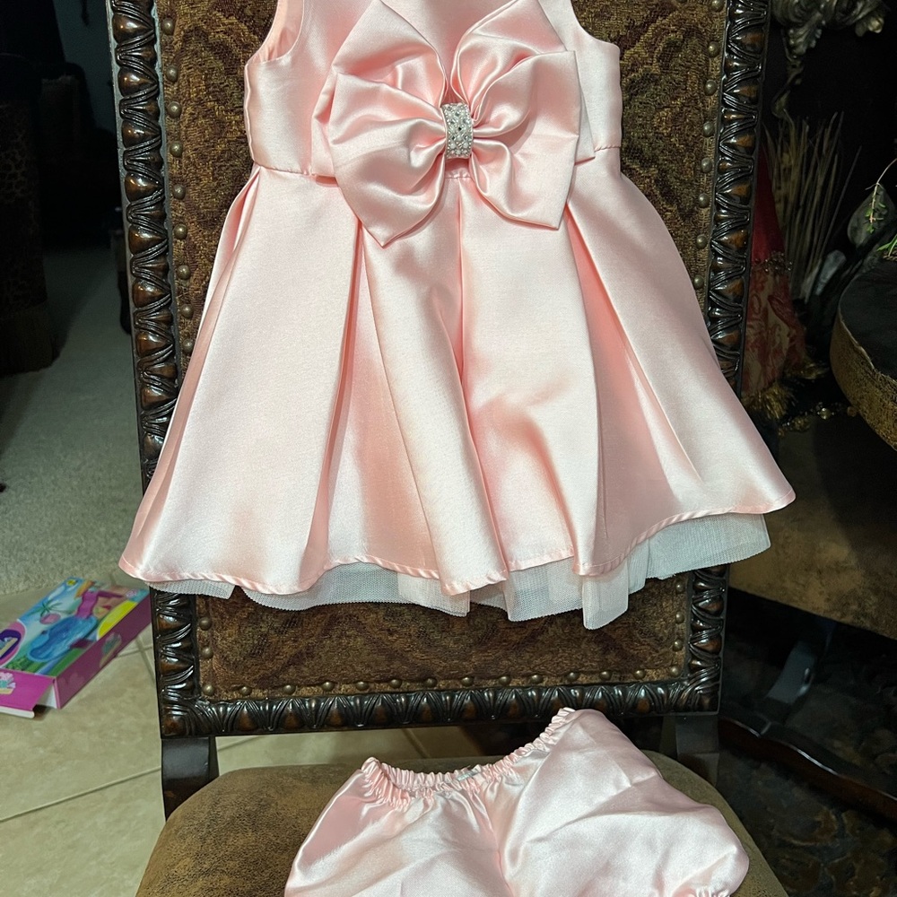 Rare Editions Pink Satin Bow Formal Dress with Bloomers